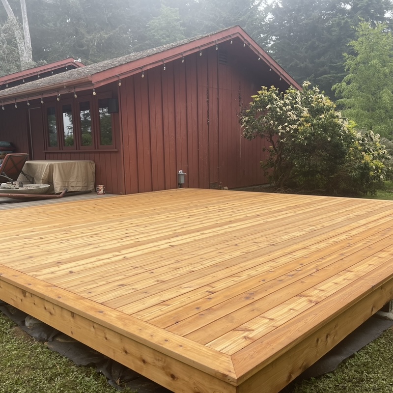 Extensive wooden deck construction project completed by Mills Builds Inc. for a home in Humboldt County, California, providing ample outdoor living space.