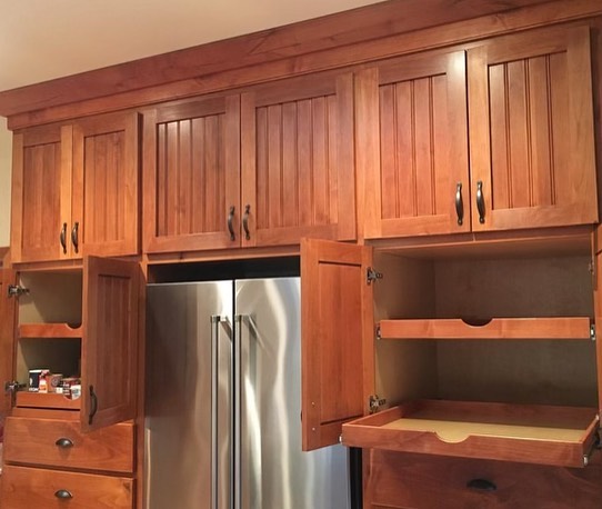 Mills Builds Inc. custom residential wood kitchen cabinets with open shelves and pull-out drawers