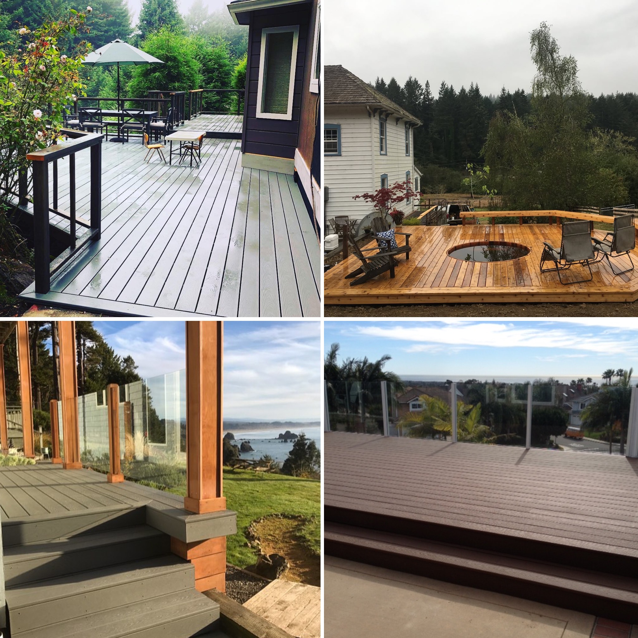 A collection of deck construction projects by Mills Builds Inc., featuring durable Trex and composite decking in different colors and designs.
