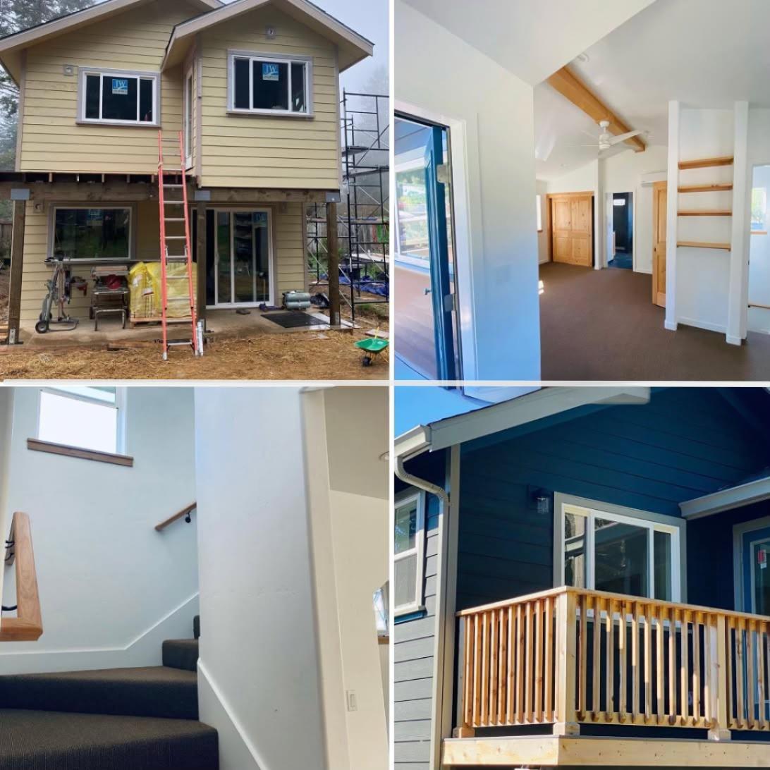 Mills Builds Inc. new construction collage, showcasing a two-story home addition, exterior siding, interior finishes, and custom stairs