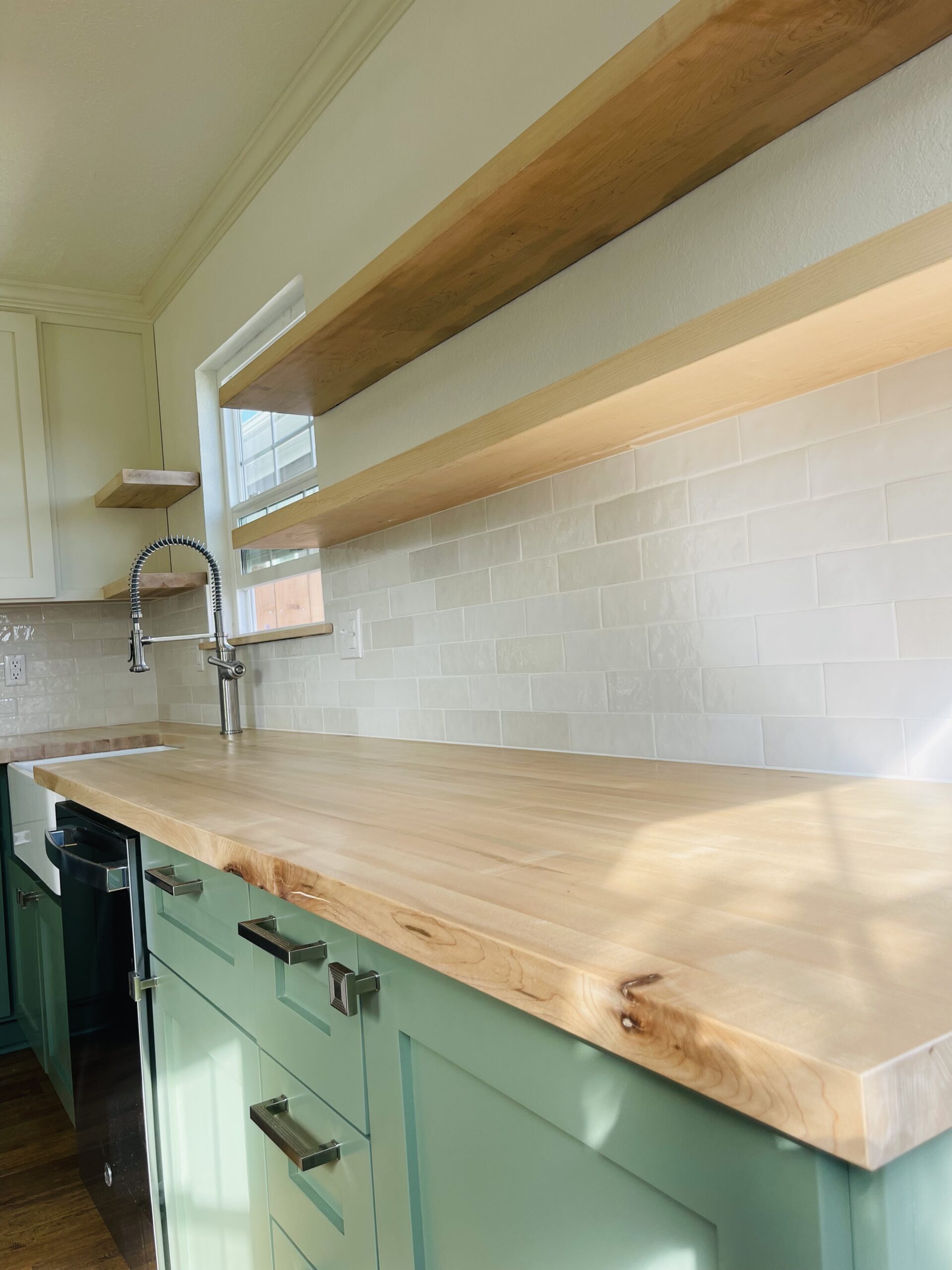 Custom butcher block counters & floating shelves